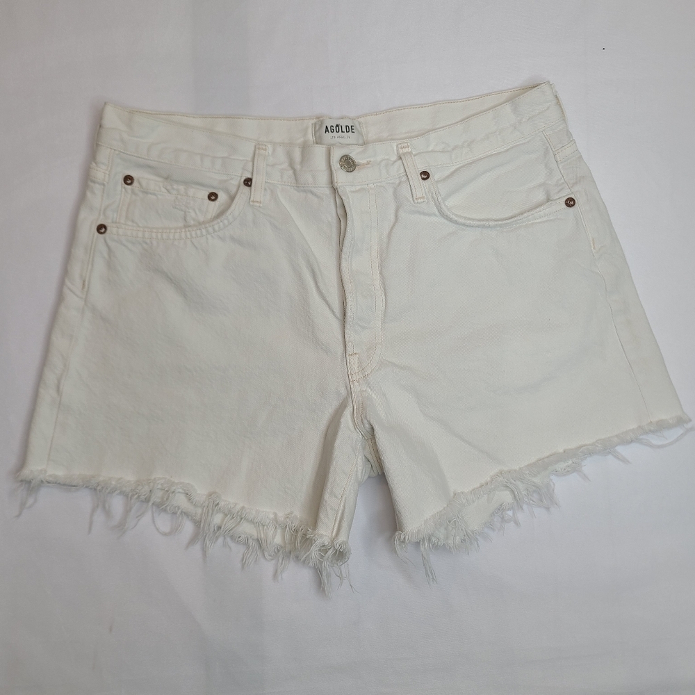 AGOLDE Parker Long Womens Loose Fit Button Fly Short Size 30 White Denim Cutoff